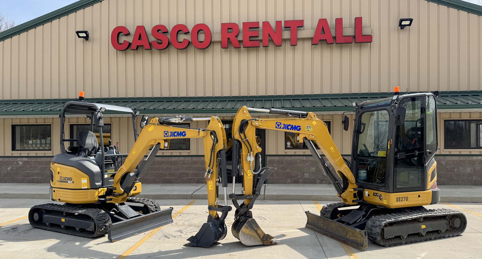 XCMG mini excavators parked in front of Casco Rent All